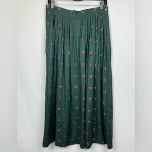 Vintage SKYR Pleated Skirt Forest Green Novelty Print A-line Skirt Pockets Sz 12